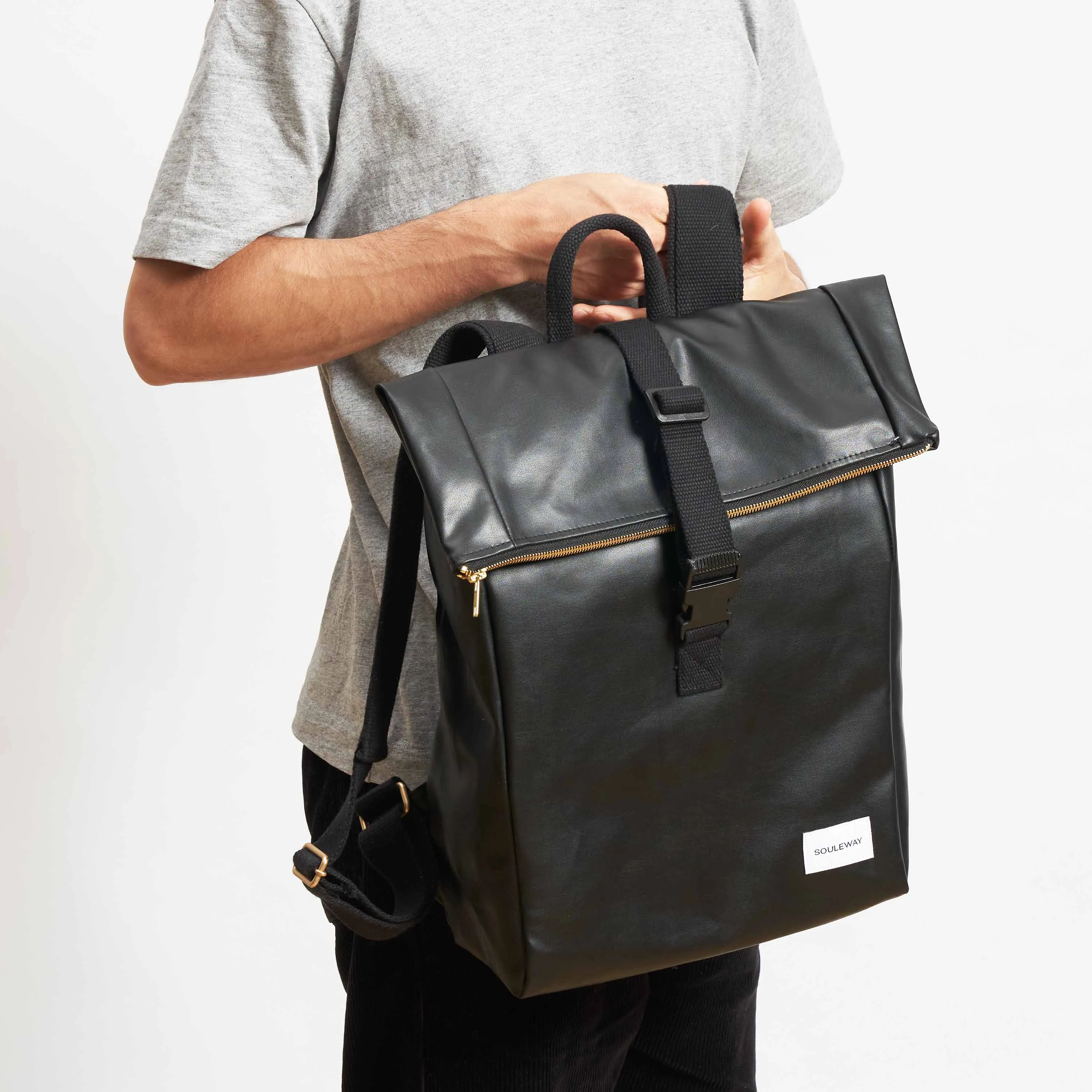 Oleatex Vegan Olive Leather Foldtop Backpack | Night Black